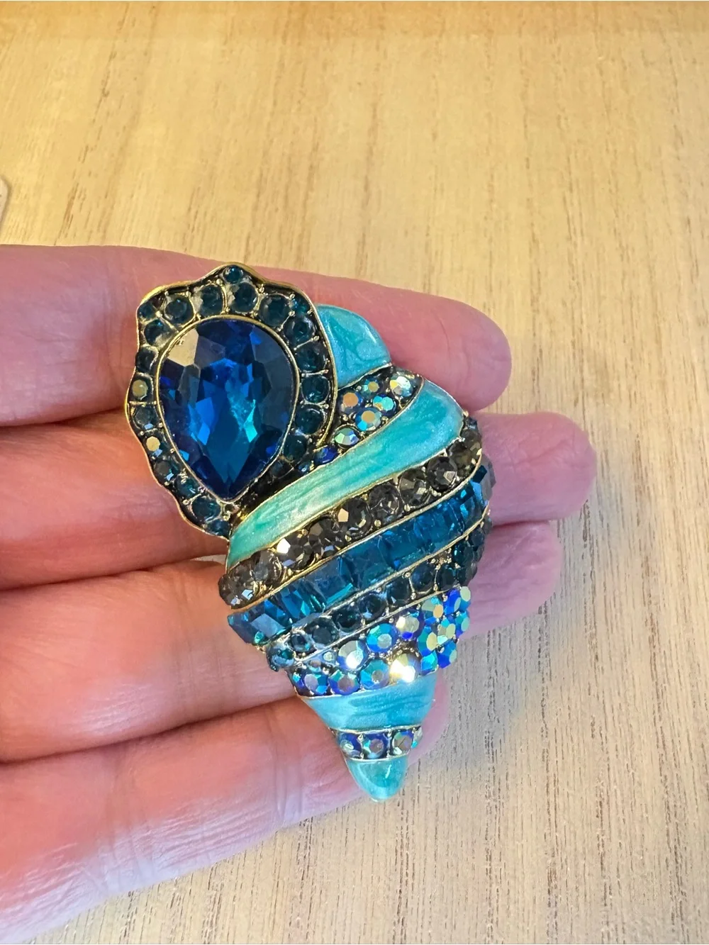Blue Teardrop Shell Crystal Statement Brooch